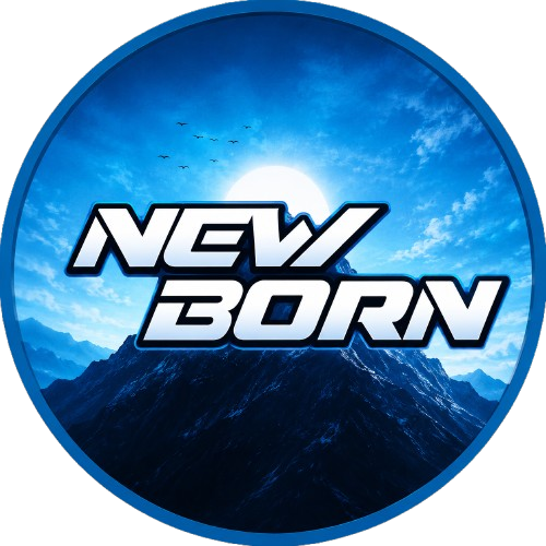 NewBorn – hvidt logo over blå bjerge og himmel